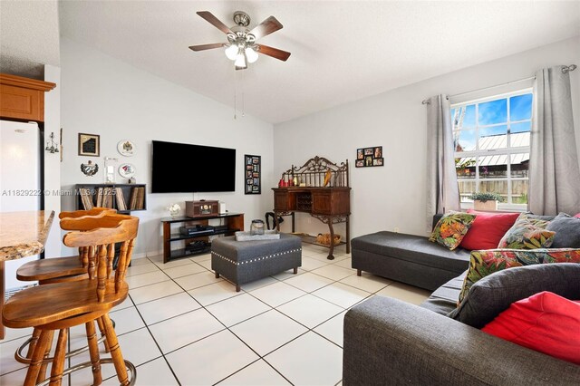 5143 SW 142nd Pl, Miami, FL 33175 - living room featuring lofted ceiling, a ceiling fan, and light tile patterned floors