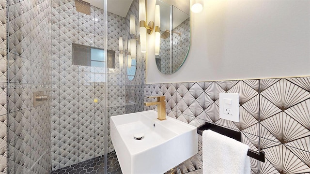 1222 Cortez St, Coral Gables, FL 33134 - full bathroom with walk in shower, tile walls, and a wainscoted wall