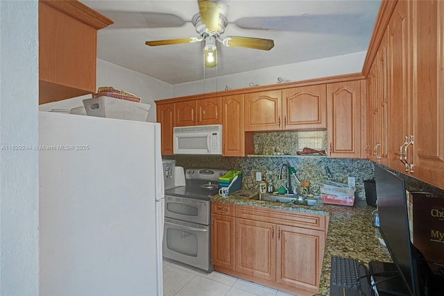 100 SW 67th Ct, Miami, FL 33144 - kitchen featuring white appliances, ceiling fan, decorative backsplash, light tile patterned floors, and brown cabinetry