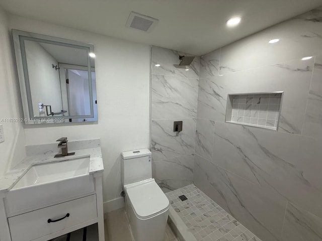 1494 W 34th St, Riviera Beach, FL 33404 - bathroom with vanity, a marble finish shower, and recessed lighting
