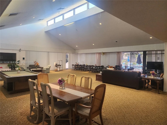 2541 Aragon Blvd Unit 105, Sunrise, FL 33322 - dining space with carpet floors, high vaulted ceiling, a decorative wall, and recessed lighting