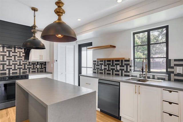 1145 SW 20th Ave, Miami, FL 33135 - kitchen with stainless steel range with electric cooktop, dishwasher, open shelves, decorative backsplash, and recessed lighting