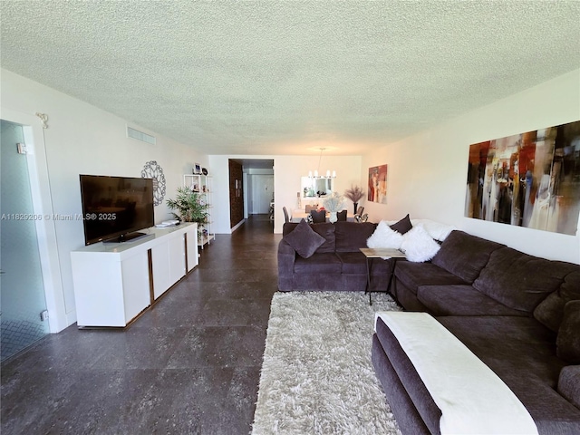 3071 N Course Dr Unit 107, Pompano Beach, FL 33069 - living room featuring a chandelier and a textured ceiling