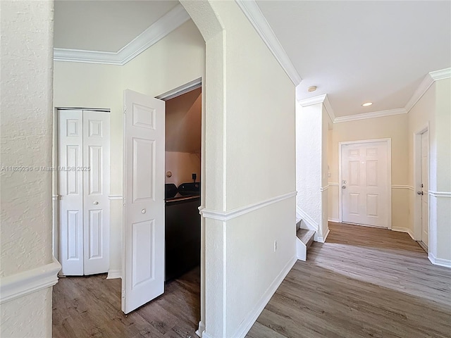 1568 SE 20th Ter, Homestead, FL 33035 - corridor featuring ornamental molding, wood finished floors, arched walkways, and recessed lighting