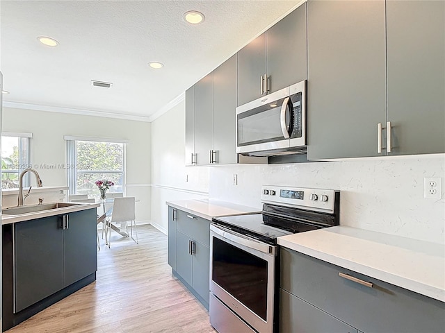 1568 SE 20th Ter, Homestead, FL 33035 - kitchen featuring stainless steel appliances, gray cabinetry, ornamental molding, light countertops, and light wood-type flooring