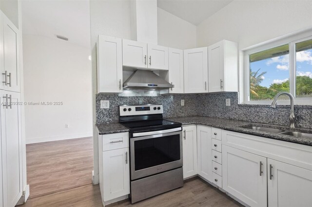 13225 SW 218th Ter, Miami, FL 33170 - kitchen with stainless steel range with electric cooktop, exhaust hood, lofted ceiling, tasteful backsplash, and white cabinets