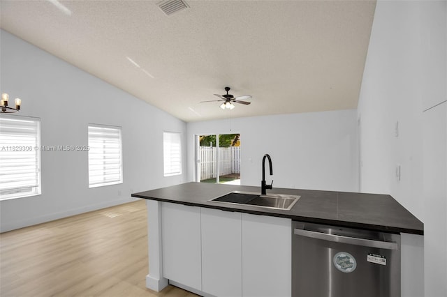 1611 Palermo Dr, Weston, FL 33327 - kitchen featuring dishwasher, dark countertops, white cabinetry, ceiling fan, and lofted ceiling
