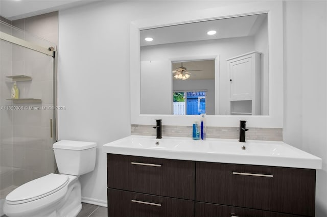 1611 Palermo Dr, Weston, FL 33327 - bathroom with double vanity, ceiling fan, a stall shower, decorative backsplash, and recessed lighting