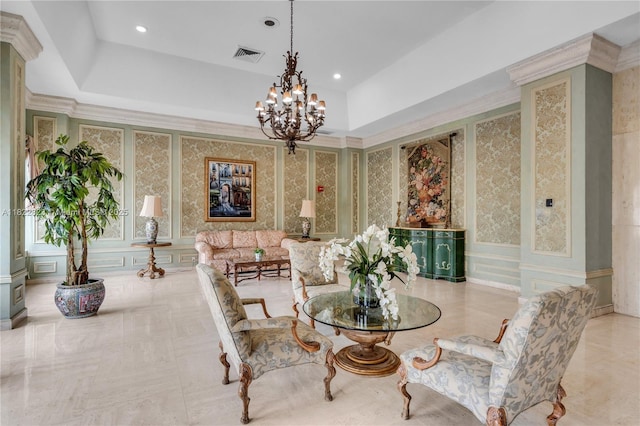 600 Three Islands Blvd Unit 310, Hallandale Beach, FL 33009 - sitting room with a decorative wall, a chandelier, wallpapered walls, recessed lighting, and a wainscoted wall
