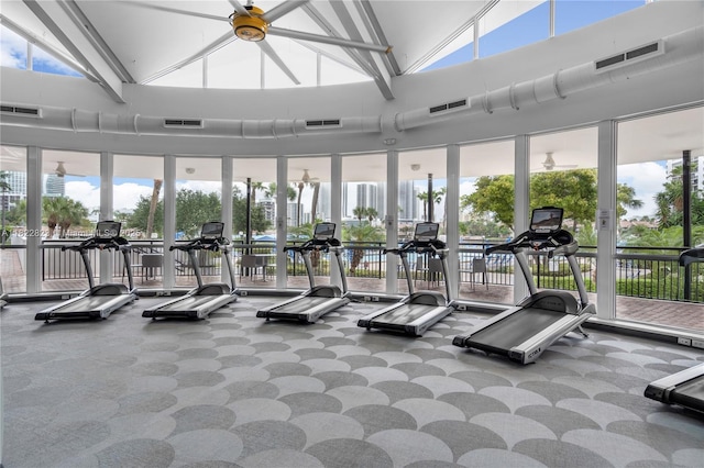 600 Three Islands Blvd Unit 310, Hallandale Beach, FL 33009 - workout area featuring carpet floors, a high ceiling, and healthy amount of natural light