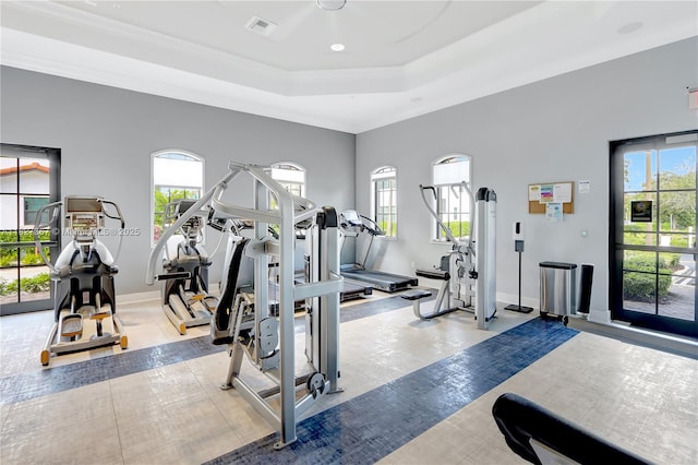1601 SW 113th Ave, Pembroke Pines, FL 33025 - gym with a tray ceiling and recessed lighting