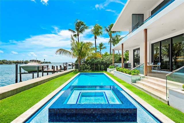 1410 S Biscayne Point Rd, Miami Beach, FL 33141 - swimming pool featuring a water view, an in-ground hot tub, boat lift, a dock, and a patio