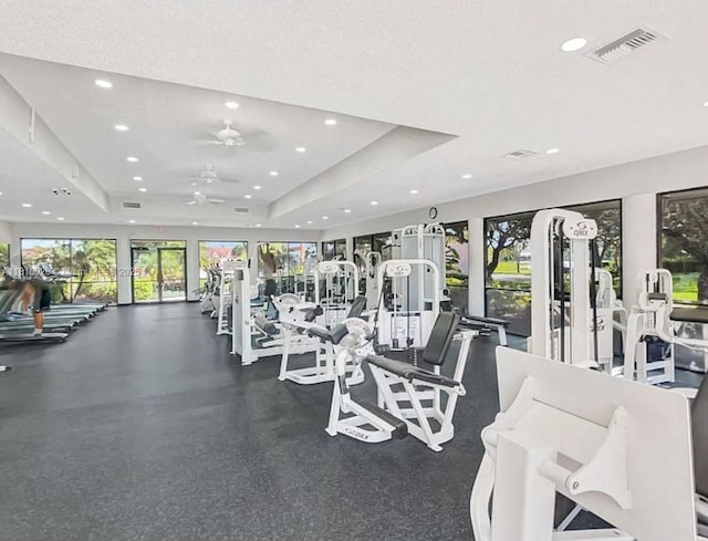 126 Centennial Ct, Deerfield Beach, FL 33442 - gym with recessed lighting, a raised ceiling, and ceiling fan