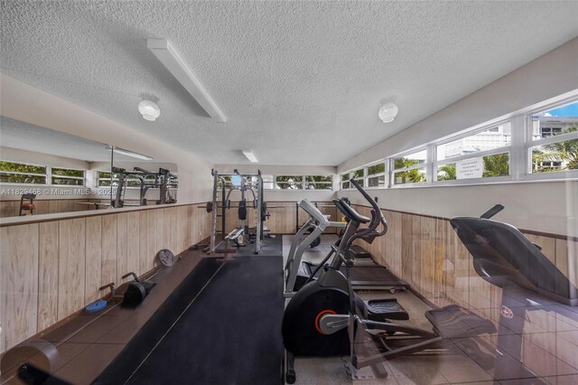 3161 S Ocean Dr Unit 1510, Hallandale Beach, FL 33009 - exercise room with a textured ceiling, a wainscoted wall, wood walls, and plenty of natural light