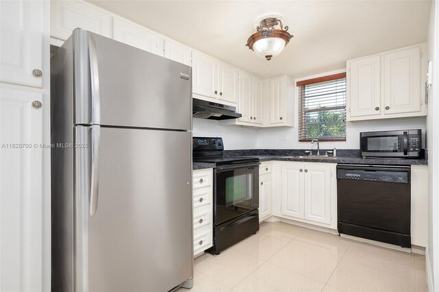 3150 W Rolling Hills Cir Unit 307, Davie, FL 33328 - kitchen with black appliances, under cabinet range hood, white cabinets, and light tile patterned floors