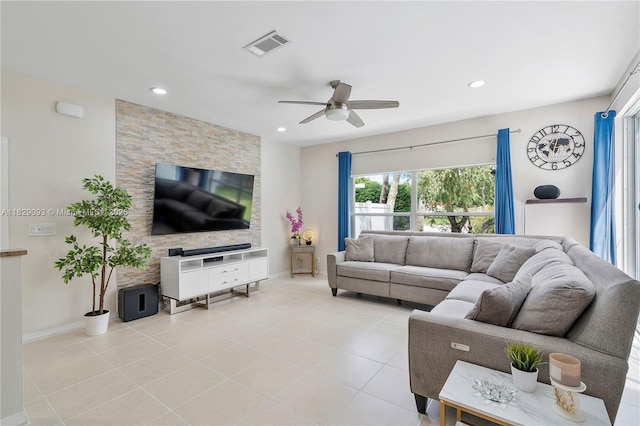 831 SW 178th Way, Pembroke Pines, FL 33029 - living room with a ceiling fan, recessed lighting, and light tile patterned floors