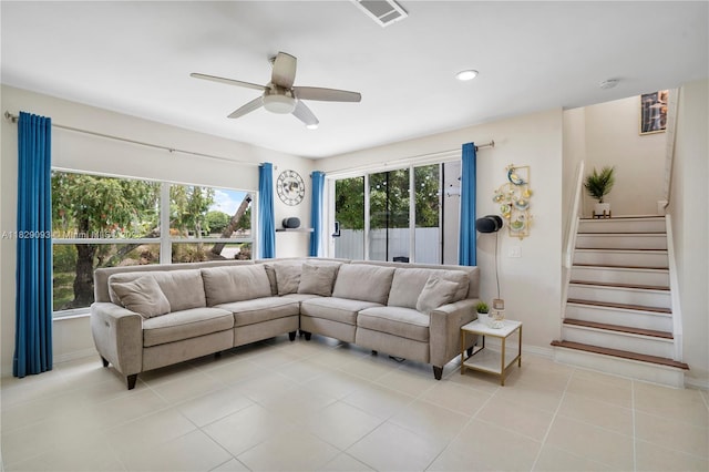 831 SW 178th Way, Pembroke Pines, FL 33029 - living room with ceiling fan, light tile patterned floors, stairs, and recessed lighting