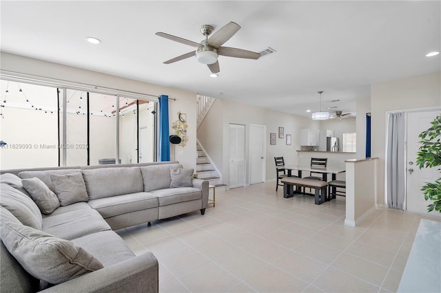 831 SW 178th Way, Pembroke Pines, FL 33029 - living room with a ceiling fan, recessed lighting, stairs, and light tile patterned flooring