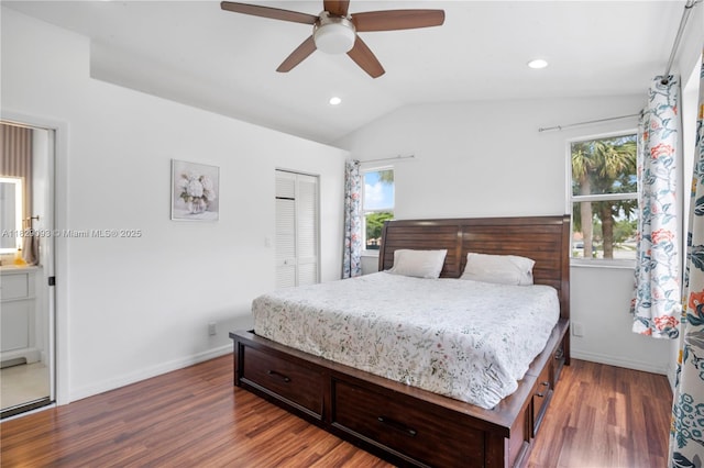 831 SW 178th Way, Pembroke Pines, FL 33029 - bedroom with a closet, lofted ceiling, wood finished floors, recessed lighting, and ceiling fan