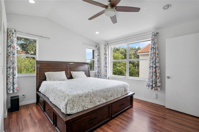 831 SW 178th Way, Pembroke Pines, FL 33029 - bedroom featuring multiple windows, vaulted ceiling, dark wood-style flooring, recessed lighting, and a ceiling fan