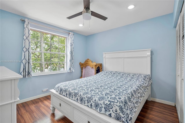 831 SW 178th Way, Pembroke Pines, FL 33029 - bedroom featuring dark wood-type flooring, recessed lighting, and a ceiling fan