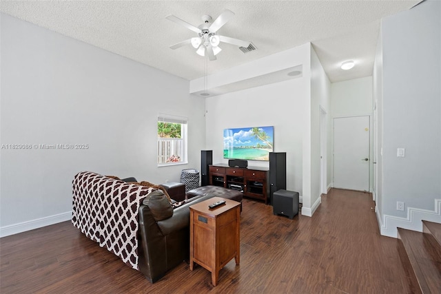 960 NW 185th Ave, Pembroke Pines, FL 33029 - living area featuring dark wood finished floors, ceiling fan, and a textured ceiling