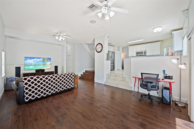 960 NW 185th Ave, Pembroke Pines, FL 33029 - living room featuring ceiling fan, wood finished floors, stairway, and a textured ceiling