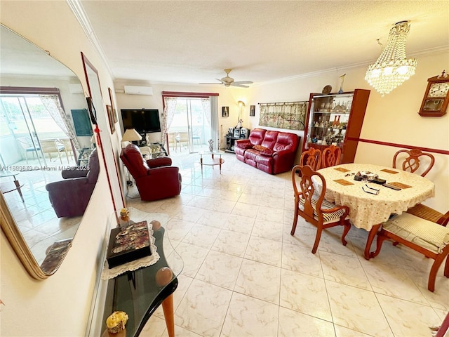 17001 NE 13th Ave Unit 202, Miami, FL 33162 - dining area featuring crown molding, a chandelier, a ceiling fan, marble look tiles, and a wall mounted air conditioner