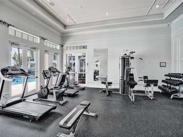 11898 SW 25th Ct Unit 103, Miramar, FL 33025 - gym with french doors, plenty of natural light, crown molding, a towering ceiling, and recessed lighting