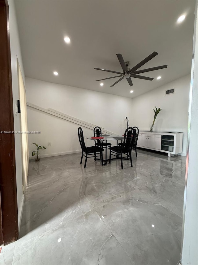 7440 SW 153rd Ct Unit 107-4, Miami, FL 33193 - dining area featuring recessed lighting, ceiling fan, beverage cooler, and light marble finish floors