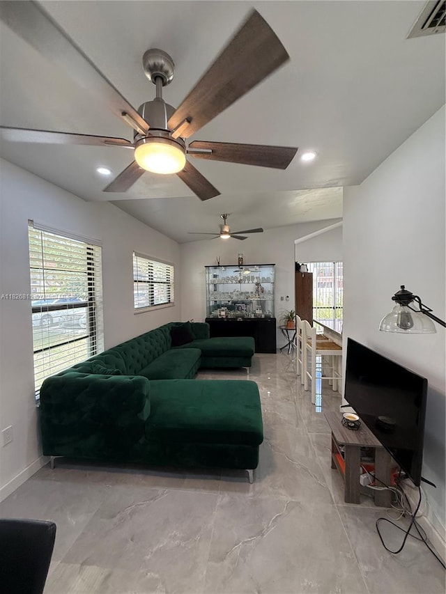 7440 SW 153rd Ct Unit 107-4, Miami, FL 33193 - living area featuring plenty of natural light, ceiling fan, light marble finish flooring, and recessed lighting
