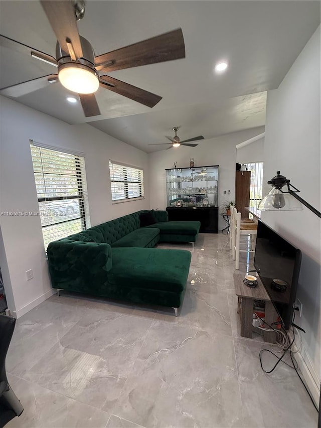 7440 SW 153rd Ct Unit 107-4, Miami, FL 33193 - living room featuring a ceiling fan and light marble finish flooring