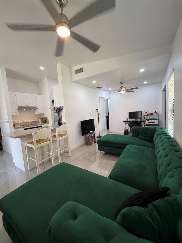 7440 SW 153rd Ct Unit 107-4, Miami, FL 33193 - living area with a ceiling fan, recessed lighting, and light marble finish flooring