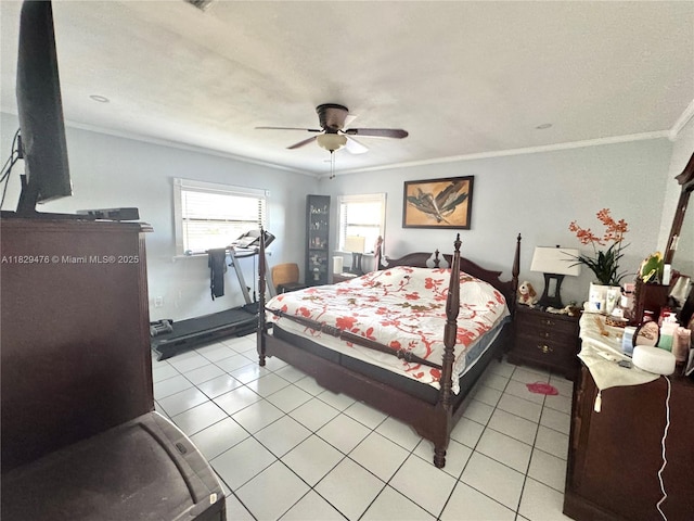 13261 SW 17th Ln, Miami, FL 33175 - bedroom featuring ornamental molding, light tile patterned flooring, and a ceiling fan