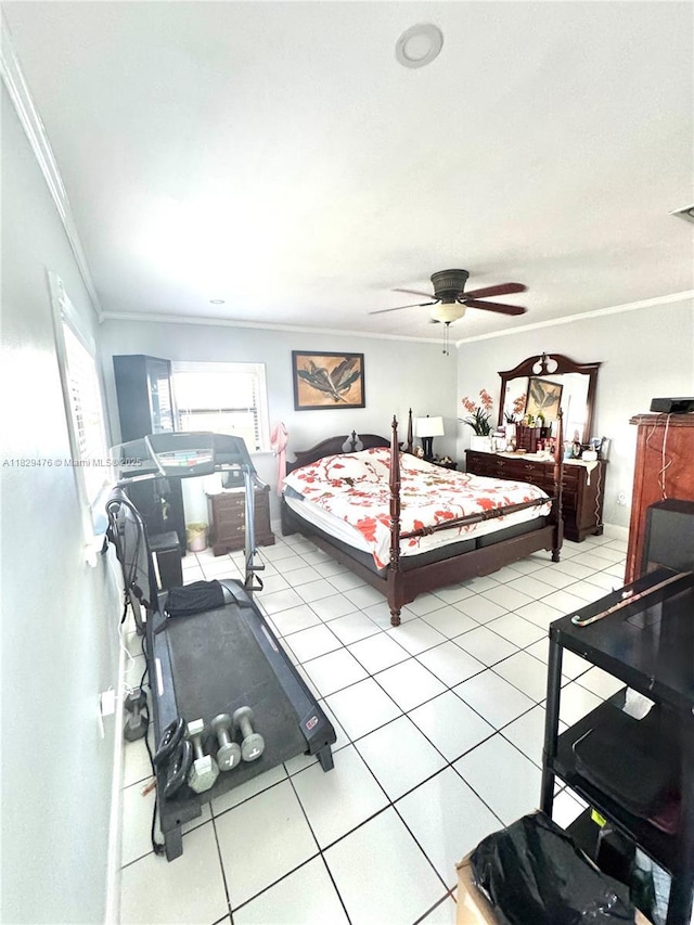 13261 SW 17th Ln, Miami, FL 33175 - bedroom with ornamental molding, tile patterned flooring, and a ceiling fan