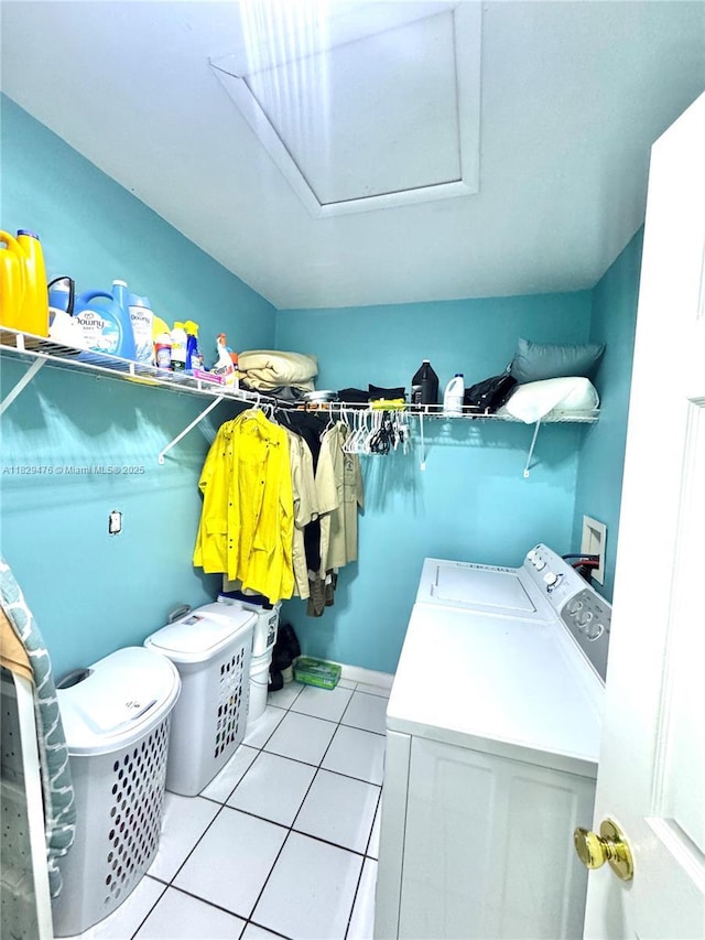 13261 SW 17th Ln, Miami, FL 33175 - laundry area featuring separate washer and dryer, light tile patterned floors, and attic access