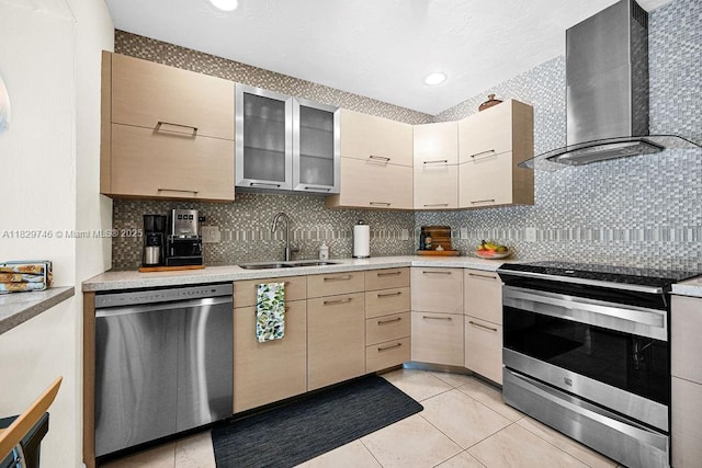 15730 SW 87th Ct, Palmetto Bay, FL 33157 - kitchen with stainless steel appliances, wall chimney exhaust hood, light countertops, decorative backsplash, and recessed lighting