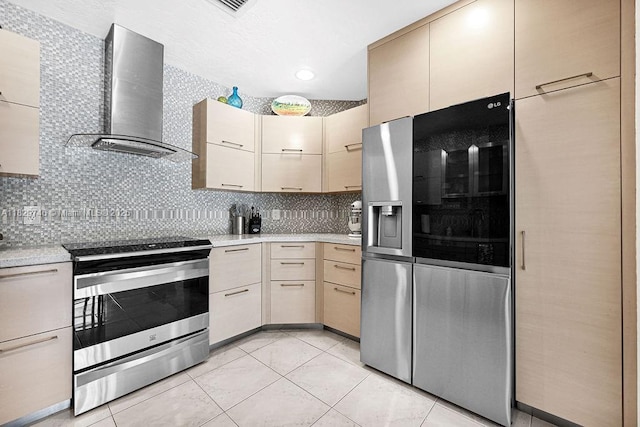 15730 SW 87th Ct, Palmetto Bay, FL 33157 - kitchen with stainless steel appliances, wall chimney exhaust hood, light countertops, tasteful backsplash, and cream cabinetry