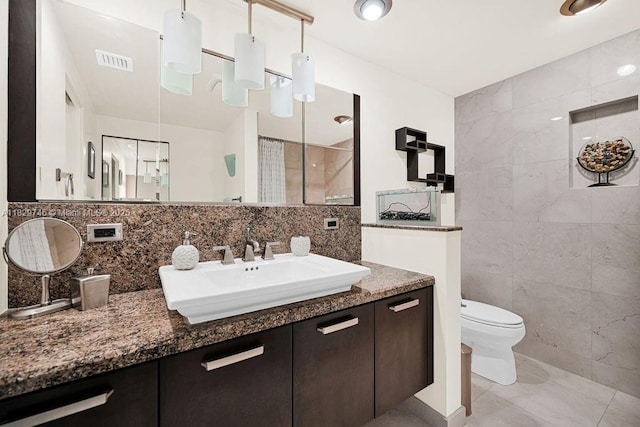 15730 SW 87th Ct, Palmetto Bay, FL 33157 - full bathroom with tile walls, vanity, marble finish floors, a shower with curtain, and decorative backsplash