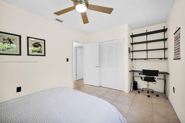 15730 SW 87th Ct, Palmetto Bay, FL 33157 - bedroom with an office area, light tile patterned flooring, ceiling fan, and a closet