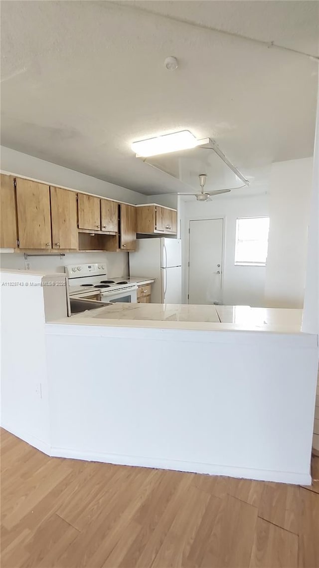 1780 NE 191st St Unit 704-2, Miami, FL 33179 - kitchen featuring white appliances, light countertops, light wood finished floors, and a peninsula