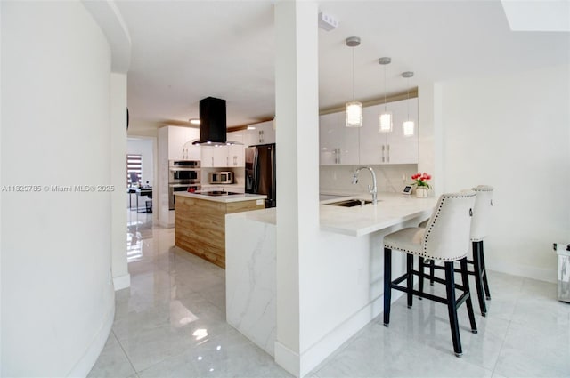 15445 SW 26th Ter, Miami, FL 33185 - kitchen featuring refrigerator with ice dispenser, ventilation hood, double oven, a peninsula, and black electric stovetop