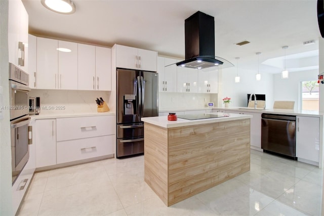 15445 SW 26th Ter, Miami, FL 33185 - kitchen featuring island range hood, stainless steel appliances, light countertops, modern cabinets, and white cabinets