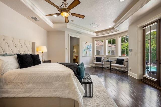2211 Azalea Pl, Winter Park, FL 32789 - bedroom featuring a raised ceiling, hardwood / wood-style flooring, a textured ceiling, crown molding, and access to outside