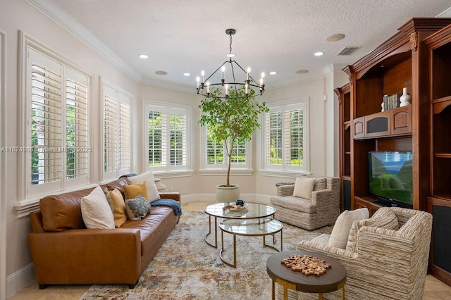 2211 Azalea Pl, Winter Park, FL 32789 - living area featuring a chandelier, plenty of natural light, recessed lighting, crown molding, and a textured ceiling
