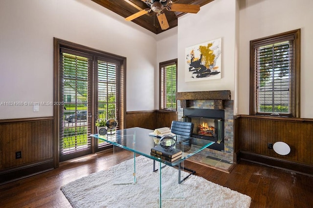 2211 Azalea Pl, Winter Park, FL 32789 - office with a wainscoted wall, healthy amount of natural light, ceiling fan, hardwood / wood-style floors, and a warm lit fireplace