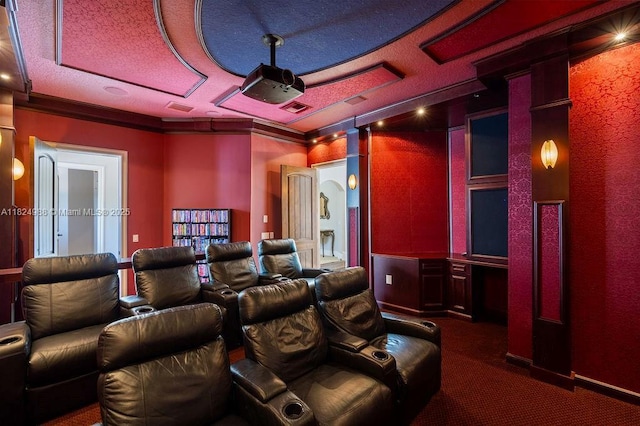 2211 Azalea Pl, Winter Park, FL 32789 - home theater room with dark carpet and ornamental molding