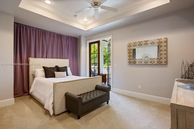 2211 Azalea Pl, Winter Park, FL 32789 - bedroom with a tray ceiling, light colored carpet, access to exterior, crown molding, and recessed lighting