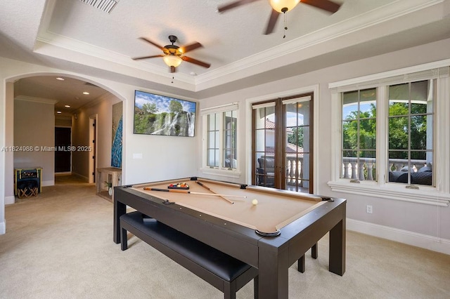 2211 Azalea Pl, Winter Park, FL 32789 - game room featuring ceiling fan, light colored carpet, arched walkways, crown molding, and billiards table