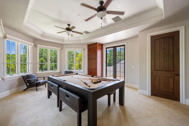 2211 Azalea Pl, Winter Park, FL 32789 - game room featuring a raised ceiling, a ceiling fan, light carpet, billiards table, and a textured ceiling
